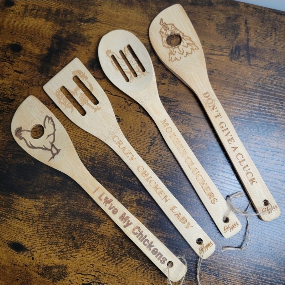 4pcs Engraved Wooden Kitchen Utensils Set Decor